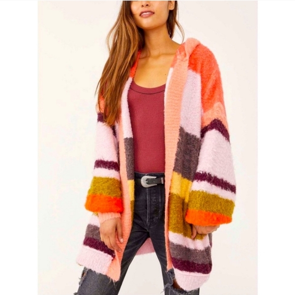Free People Pink and Orange Fuzzy Cardigan Sweater - Picture 4 of 5